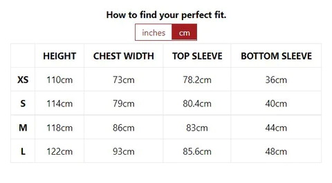 Saltrock Changing Robe Size Chart