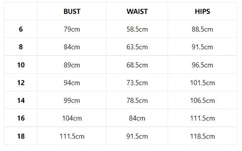 Saltrock Womens Measurements CM