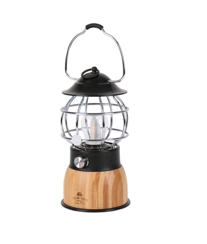 Lampă retro de camping Holiday Travel cu LED în design din bambus și metal, cu port de încărcare USB