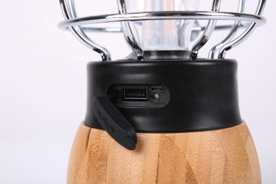 Holiday Travel LED Retro Camping Lamp in Bamboo Metal Design with USB Charging Port